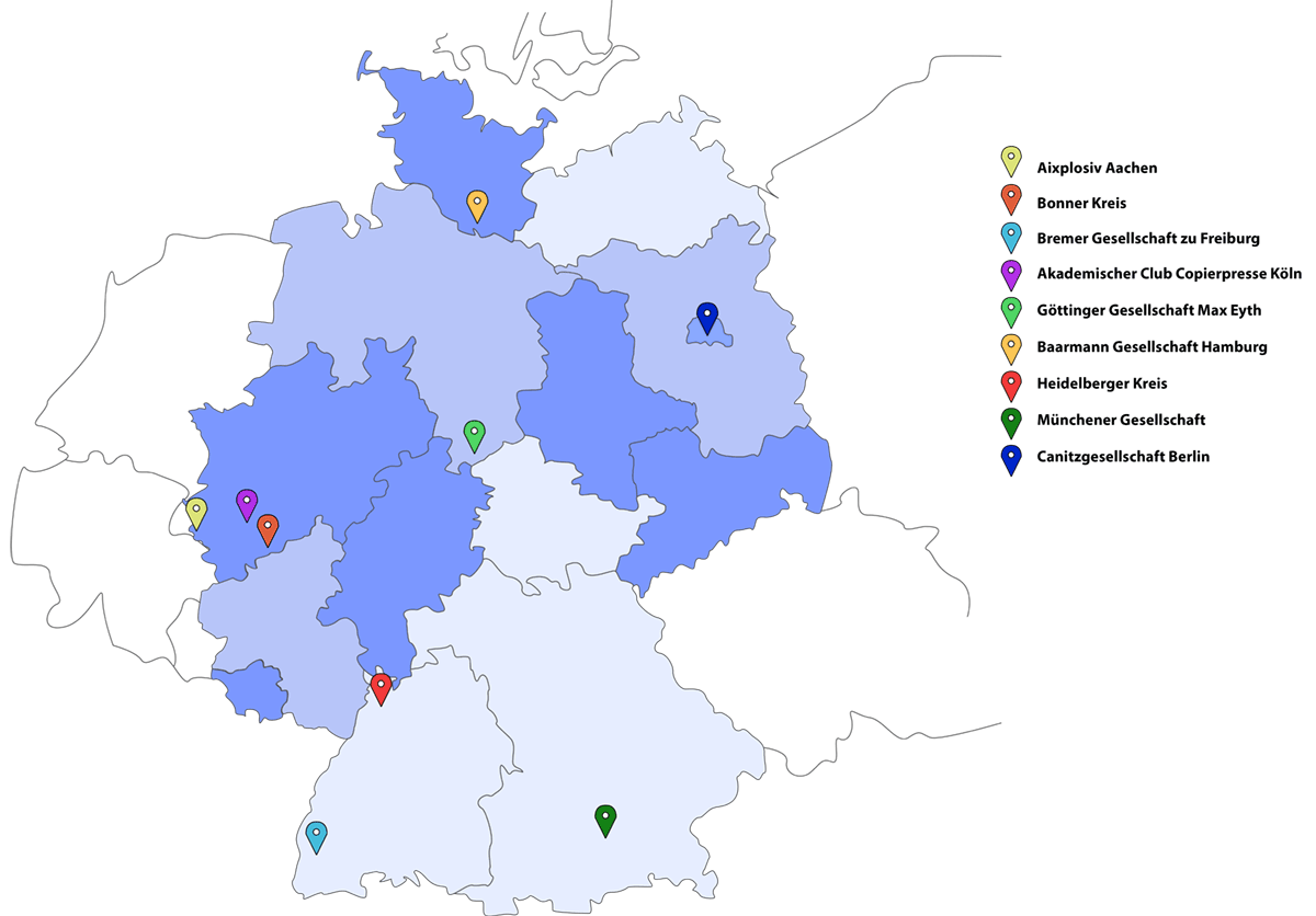 Deutschlandkarte mit Markierungen der befreundeten Gesellschaften